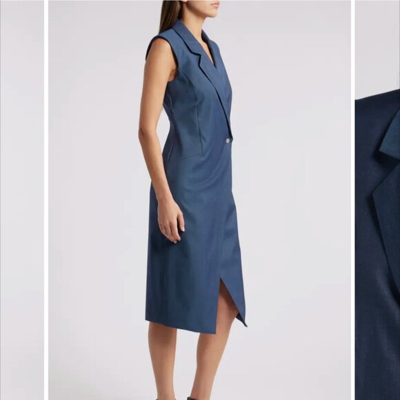 NWT BOSS Delibea Women's Sleeveless Button Front Dress in Virgin Wool Blue 8 - Picture 2 of 12